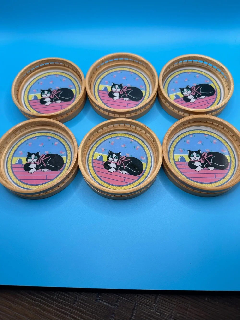 Serving Tray Vintage 1970s bamboo & 6 coasters  w/tuxedo Cat